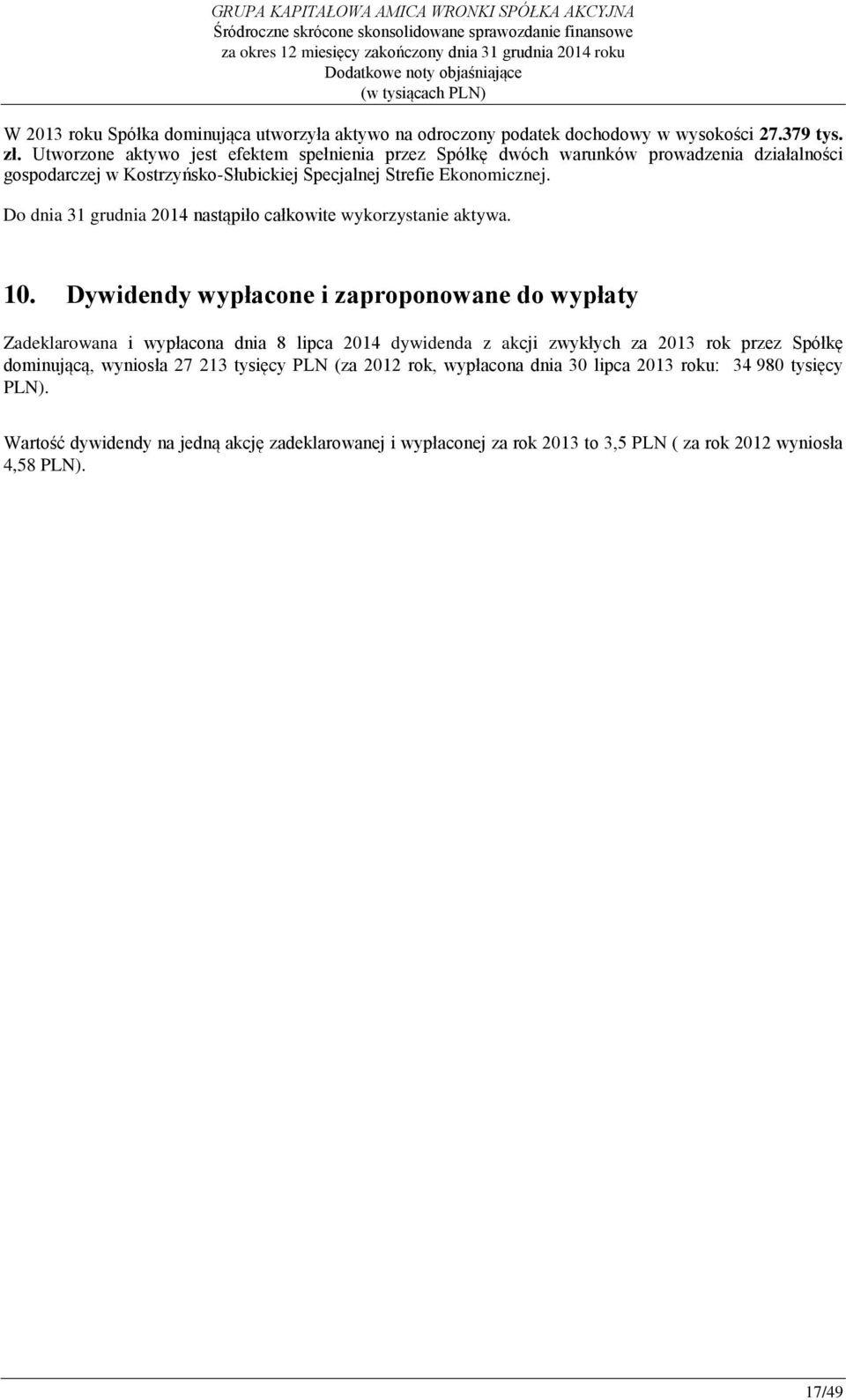 Do dnia 31 grudnia 2014 nastąpiło całkowite wykorzystanie aktywa. 10.