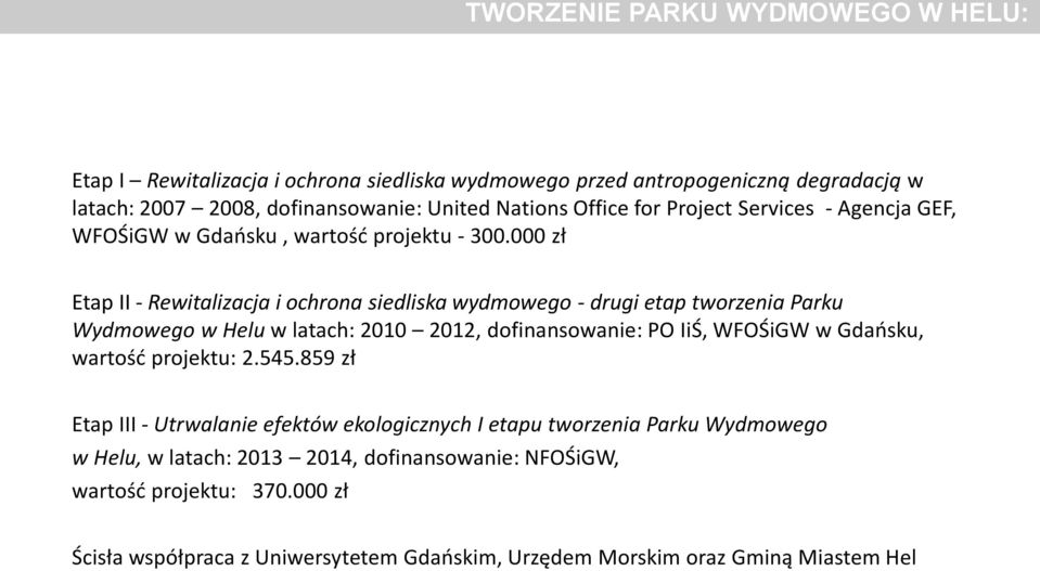 000 zł Etap II - Rewitalizacja i ochrona siedliska wydmowego - drugi etap tworzenia Parku Wydmowego w Helu w latach: 2010 2012, dofinansowanie: PO IiŚ, WFOŚiGW w Gdańsku,