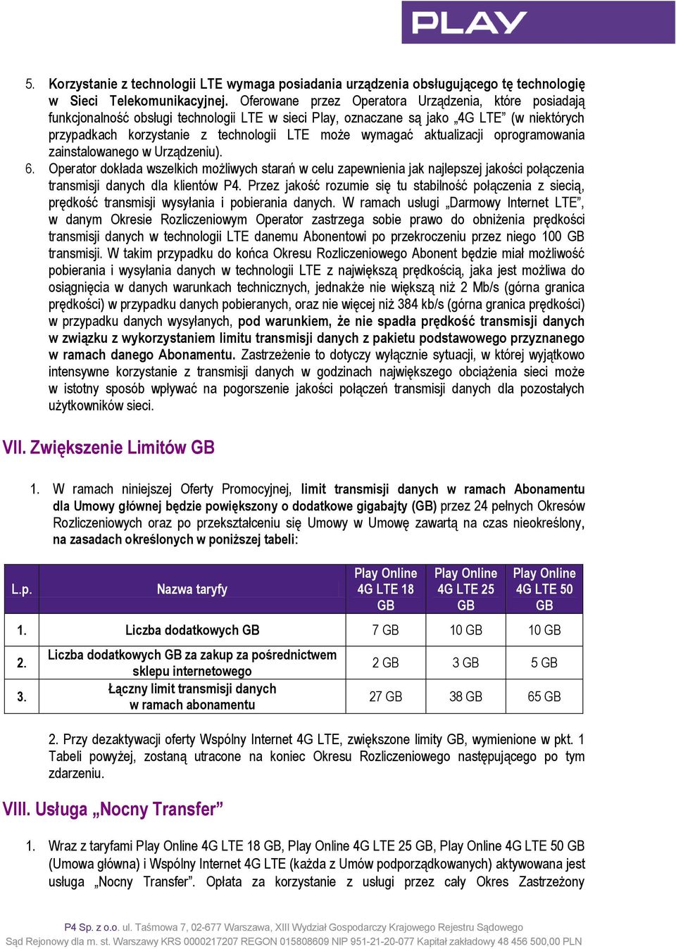 aktualizacji oprogramowania zainstalowanego w Urządzeniu). 6. Operator dokłada wszelkich możliwych starań w celu zapewnienia jak najlepszej jakości połączenia transmisji danych dla klientów P4.