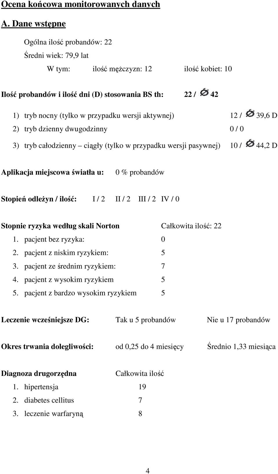 wersji aktywnej) 12 / 39,6 D 2) tryb dzienny dwugodzinny 0 / 0 3) tryb całodzienny ciągły (tylko w przypadku wersji pasywnej) 10 / 44,2 D Aplikacja miejscowa światła u: 0 % probandów Stopień odleżyn