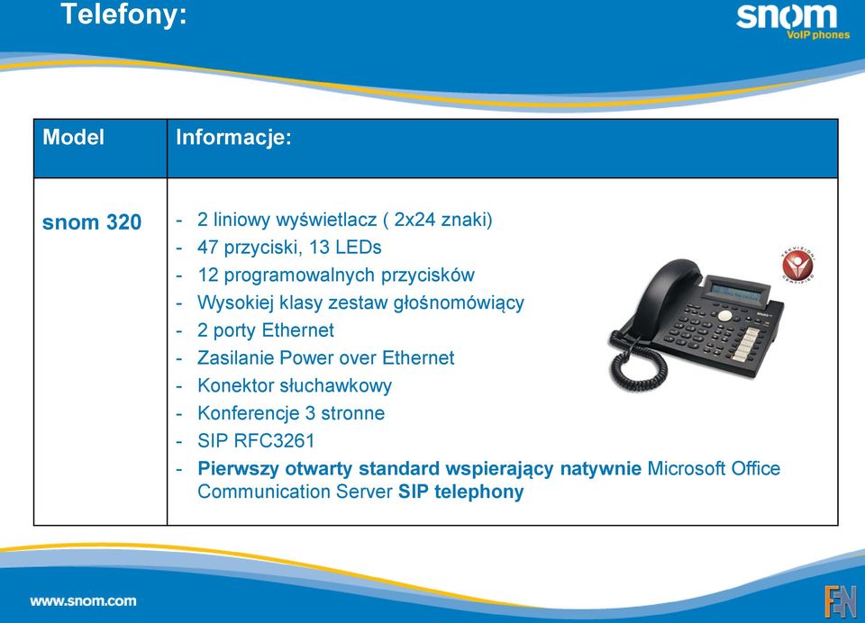 - Zasilanie Power over Ethernet - Konektor słuchawkowy - Konferencje 3 stronne - SIP RFC3261 -