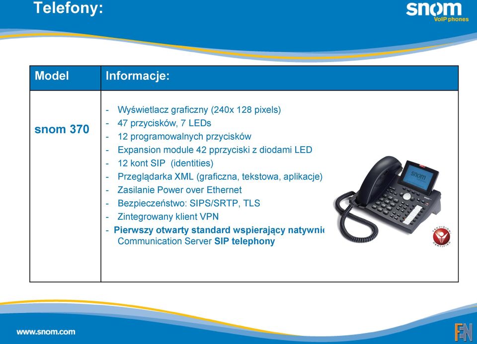 Przeglądarka XML (graficzna, tekstowa, aplikacje) - Zasilanie Power over Ethernet - Bezpieczeństwo: SIPS/SRTP,