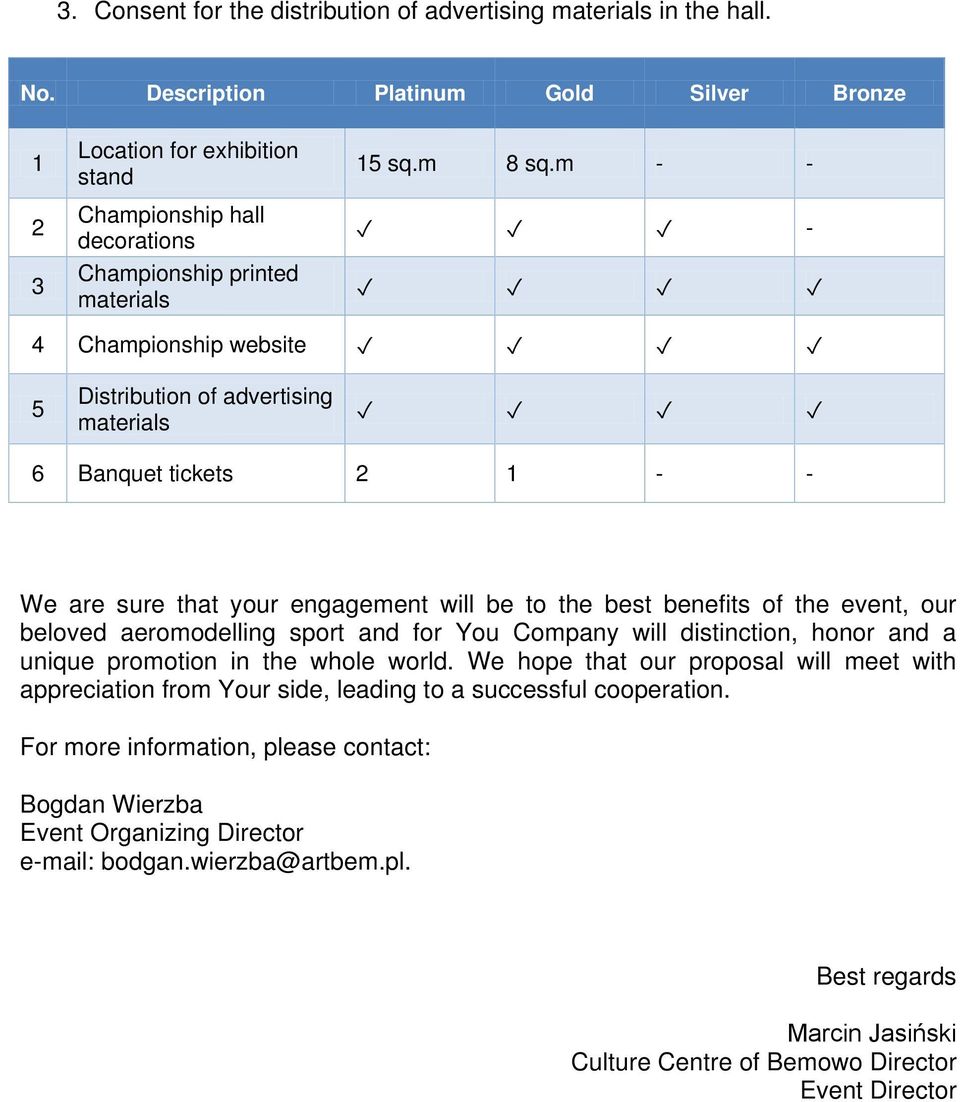 m - - - 4 Championship website 5 Distribution of advertising materials 6 Banquet tickets 2 1 - - We are sure that your engagement will be to the best benefits of the event, our beloved aeromodelling