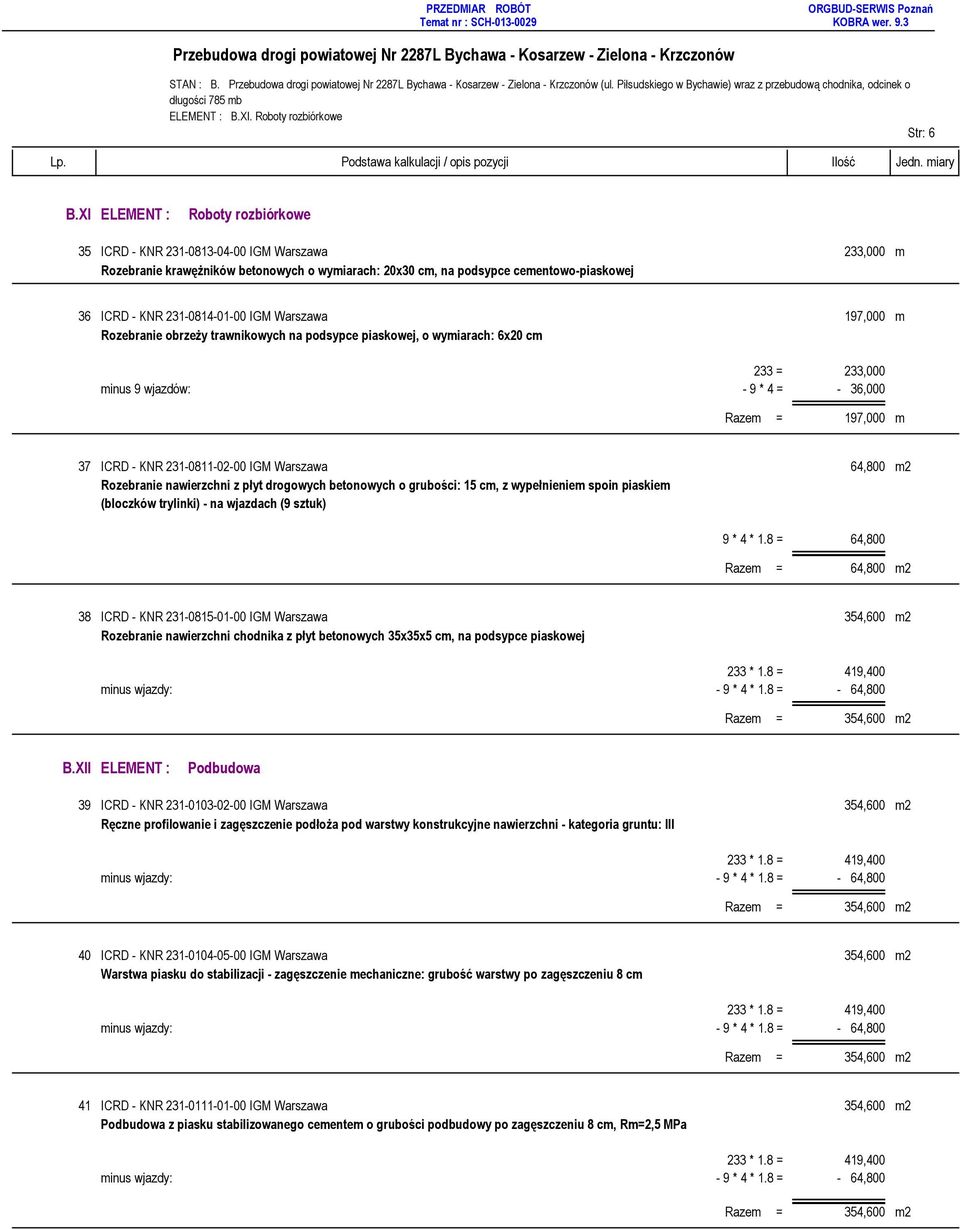 231-0814-01-00 IGM Warszawa 197,000 m Rozebranie obrzeży trawnikowych na podsypce piaskowej, o wymiarach: 6x20 cm 233 = 233,000 minus 9 wjazdów: - 9 * 4 = - 36,000 Razem = 197,000 m 37 ICRD - KNR