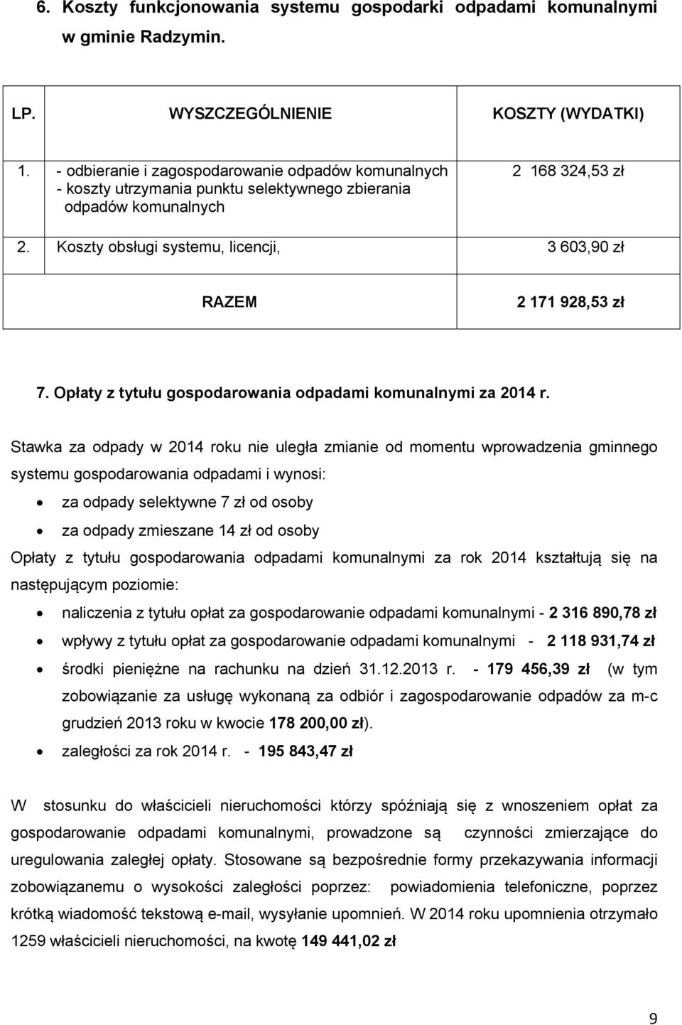 Opłaty z tytułu gospodarowania odpadami komunalnymi za 2014 r.