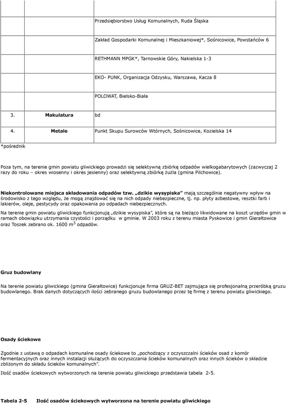Metale Punkt Skupu Surowców Wtórnych, Sośnicowice, Kozielska 14 *pośrednik Poza tym, na terenie gmin powiatu gliwickiego prowadzi się selektywną zbiórkę odpadów wielkogabarytowych (zazwyczaj 2 razy