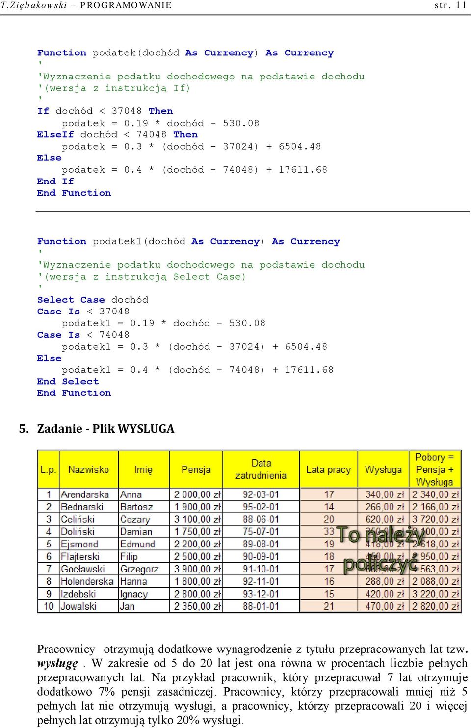 68 End If End Function Function podatek1(dochód As Currency) As Currency Wyznaczenie podatku dochodowego na podstawie dochodu (wersja z instrukcją Select Case) Select Case dochód Case Is < 37048