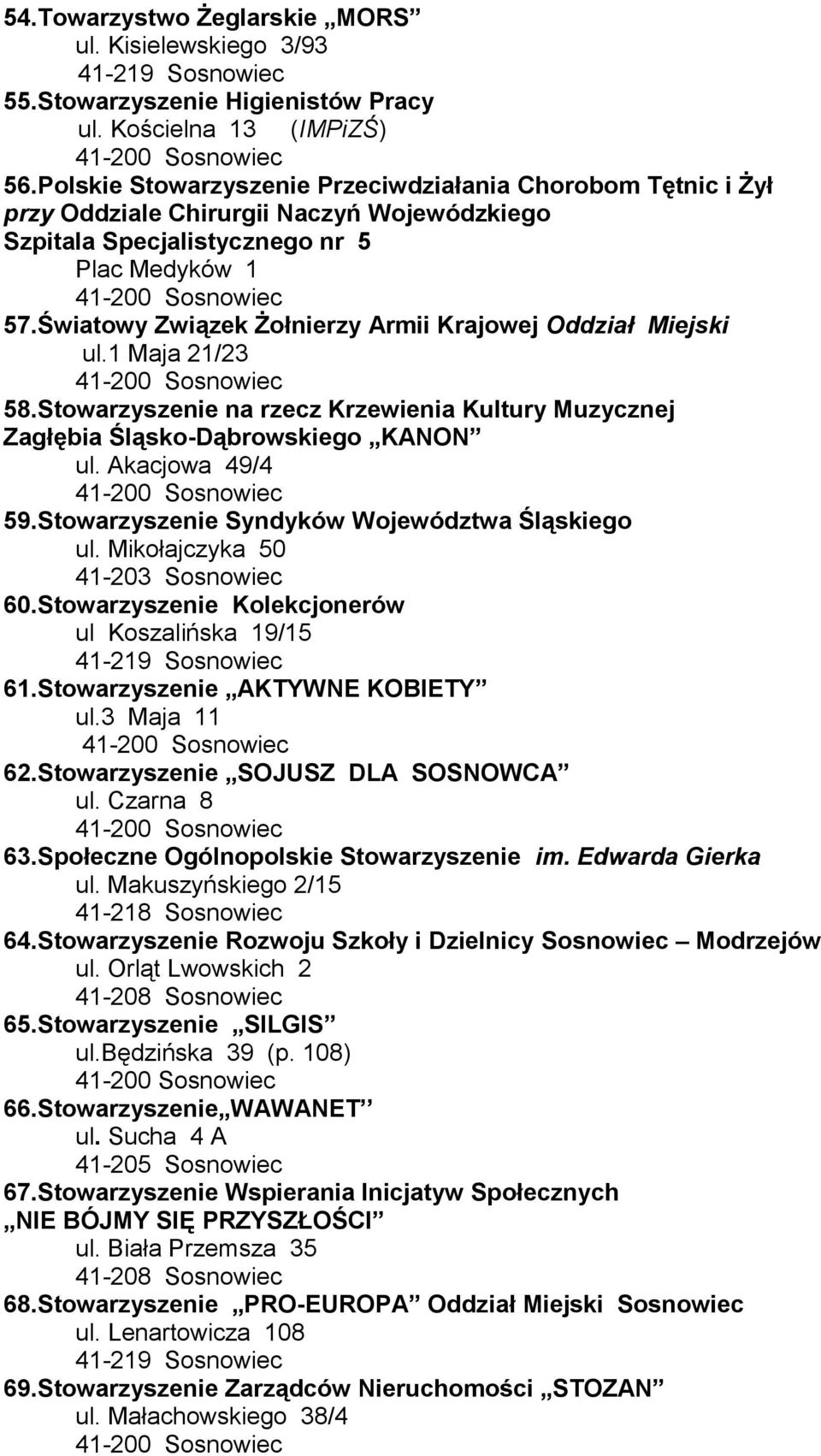 Światowy Związek Żołnierzy Armii Krajowej Oddział Miejski ul.1 Maja 21/23 58.Stowarzyszenie na rzecz Krzewienia Kultury Muzycznej Zagłębia Śląsko-Dąbrowskiego KANON ul. Akacjowa 49/4 59.