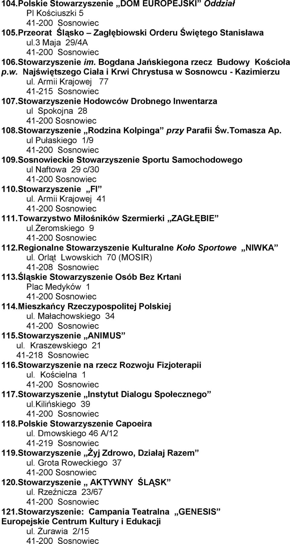 Stowarzyszenie Rodzina Kolpinga przy Parafii Św.Tomasza Ap. ul Pułaskiego 1/9 109.Sosnowieckie Stowarzyszenie Sportu Samochodowego ul Naftowa 29 c/30 110.Stowarzyszenie FI ul. Armii Krajowej 41 111.