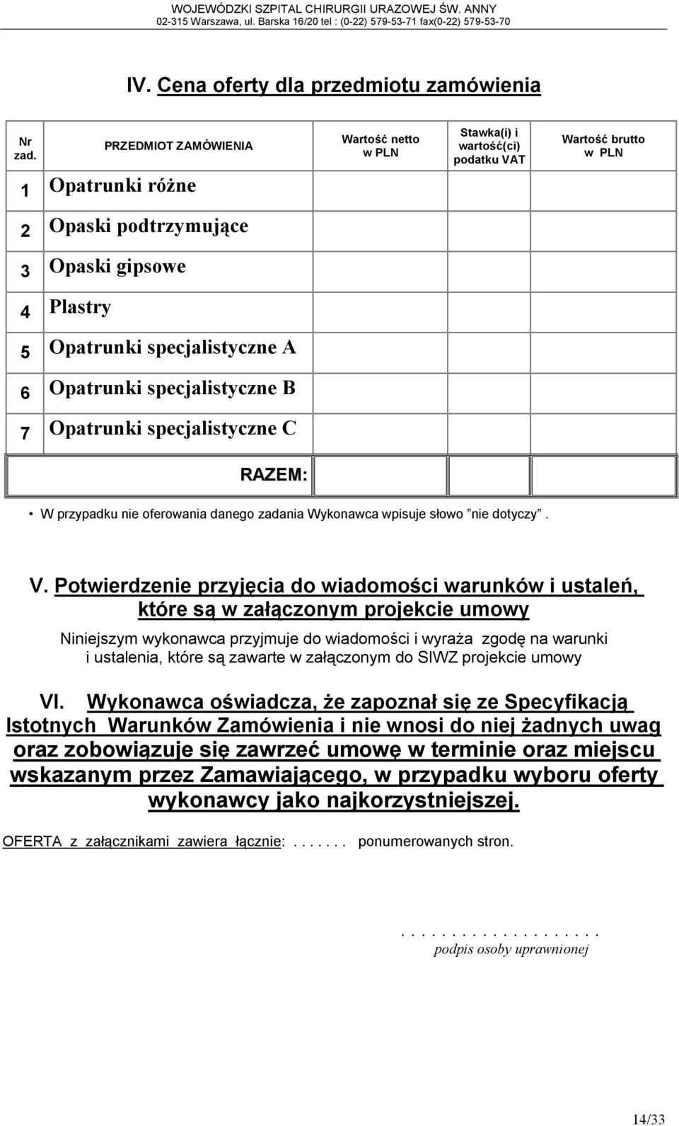 Opatrunki specjalistyczne B 7 Opatrunki specjalistyczne C RAZEM: W przypadku nie oferowania danego zadania Wykonawca wpisuje słowo nie dotyczy. V.