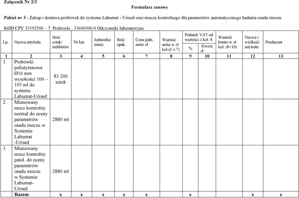 8 % Kwota zł brutto w zł kol. (8+10) Nazwa i wielkość artykułu Producent 1 2 3 4 5 6 7 8 9 10 11 12 13 1. Probówki polistyrenowe Ø16 mm wysokości 100 105 ml do systemu Labumat-Urised 2.