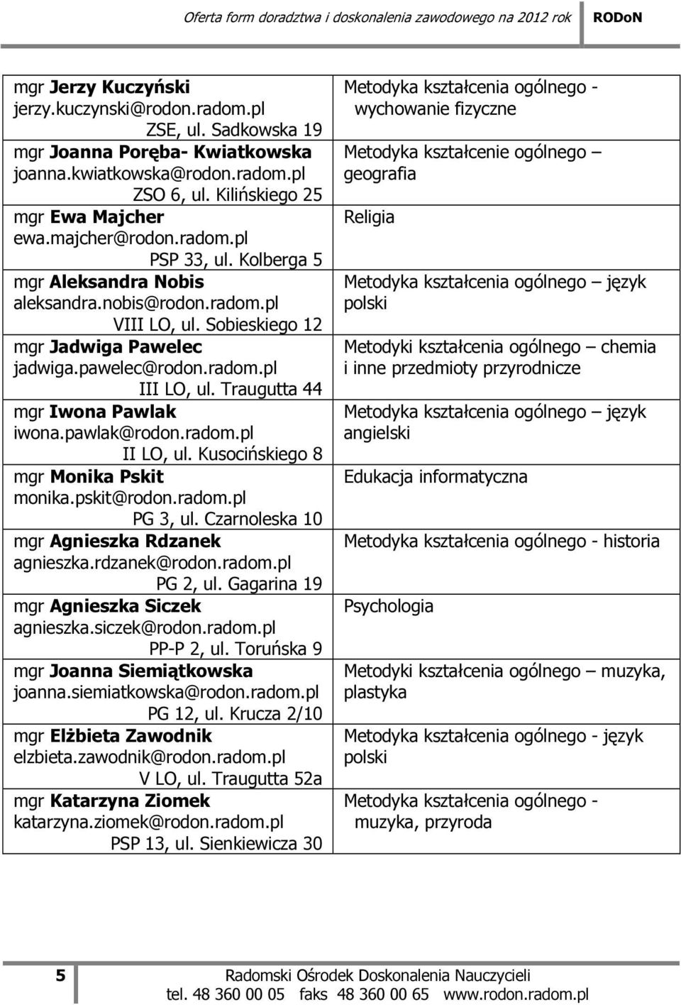 Traugutta 44 mgr Iwona Pawlak iwona.pawlak@rodon.radom.pl II LO, ul. Kusocińskiego 8 mgr Monika Pskit monika.pskit@rodon.radom.pl PG 3, ul. Czarnoleska 10 mgr Agnieszka Rdzanek agnieszka.