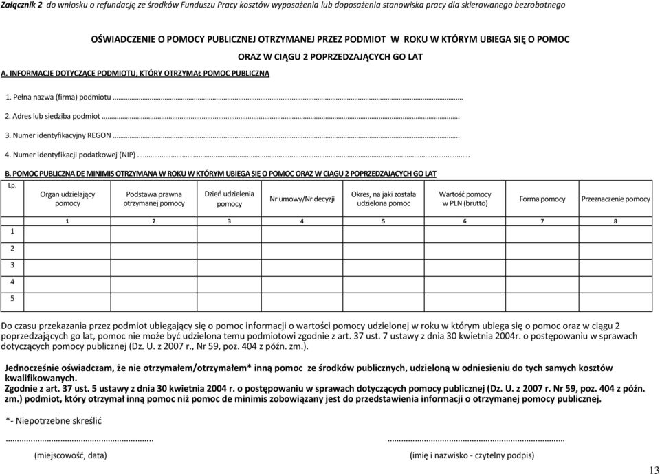 . 3. Numer identyfikacyjny REGON.. 4. Numer identyfikacji podatkowej (NIP).. B. POMOC PUBLICZNA DE MINIMIS OTRZYMANA W ROKU W KTÓRYM UBIEGA SIĘ O POMOC ORAZ W CIĄGU 2 POPRZEDZAJĄCYCH GO LAT Lp.