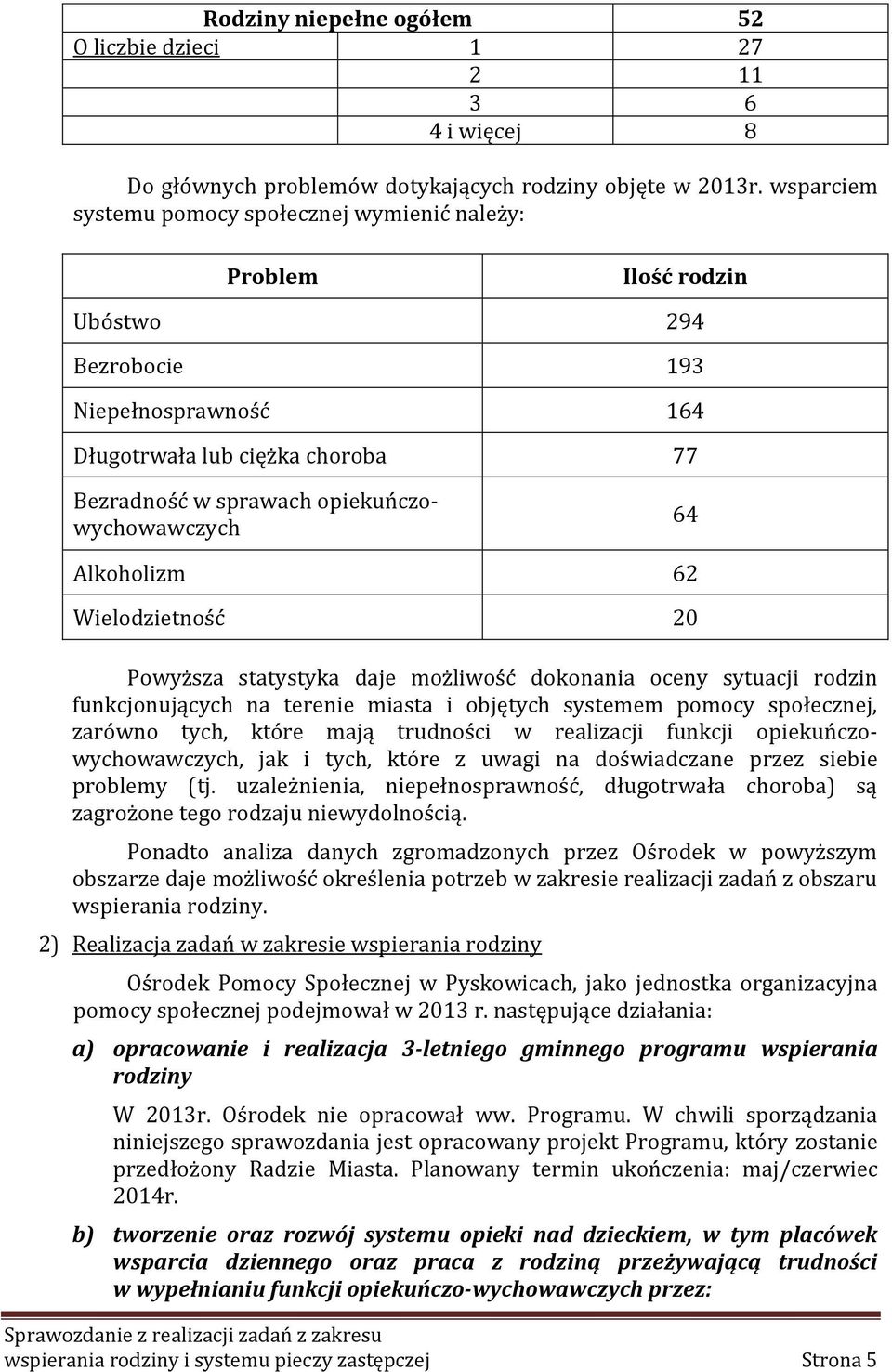 opiekuńczowychowawczych 64 Alkoholizm 62 Wielodzietność 20 Powyższa statystyka daje możliwość dokonania oceny sytuacji rodzin funkcjonujących na terenie miasta i objętych systemem pomocy społecznej,