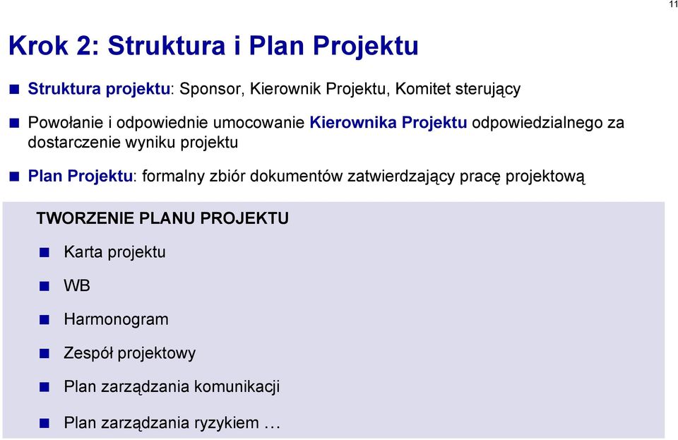 wyniku projektu Plan Projektu: formalny zbiór dokumentów zatwierdzający pracę projektową TWORZENIE