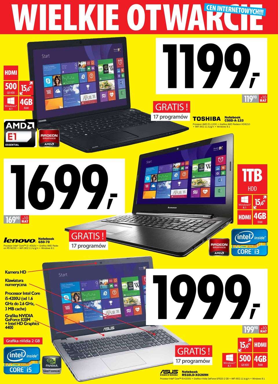 1 15,6" HDD 4GB RAM Notebook G50-70 Procesor Intel Core i3-4010u Grafika AMD Radeon R5 M230 WiFi 802.11 b/g/n Windows 8.1 gratis!