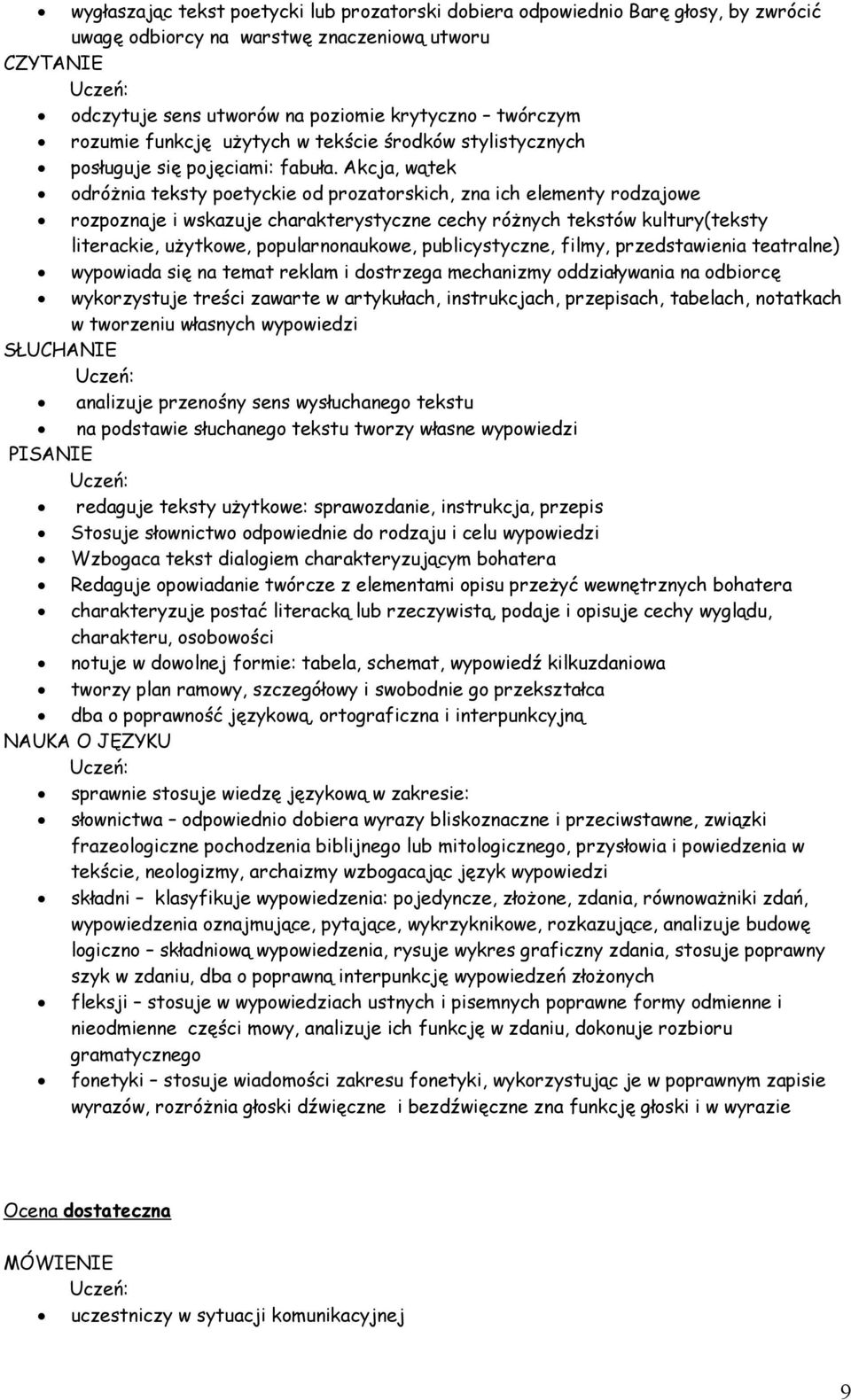 Akcja, wątek odróżnia teksty poetyckie od prozatorskich, zna ich elementy rodzajowe rozpoznaje i wskazuje charakterystyczne cechy różnych tekstów kultury(teksty literackie, użytkowe,