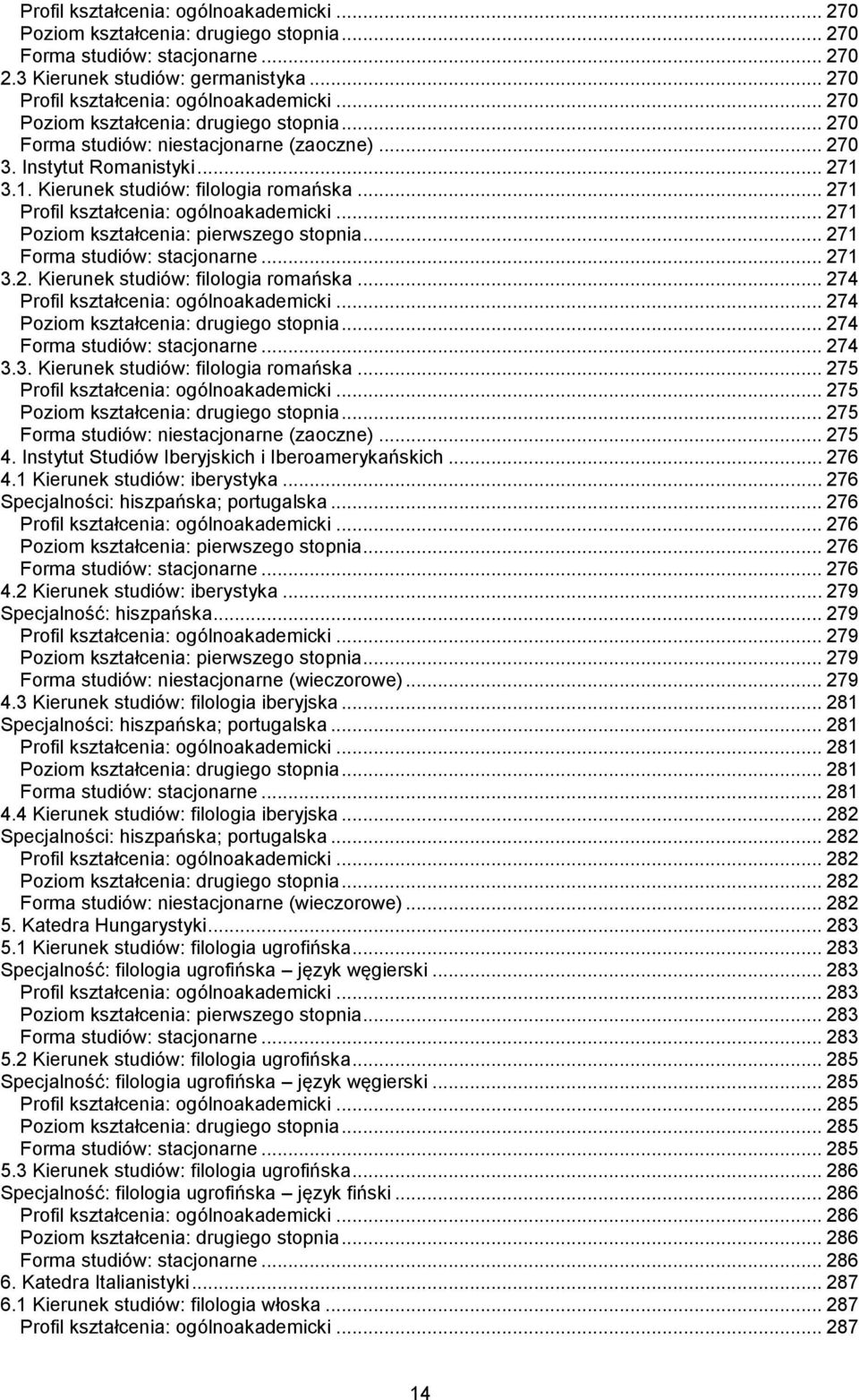 .. 274 Poziom kształcenia: drugiego stopnia... 274 Forma studiów: stacjonarne... 274 3.3. Kierunek studiów: filologia romańska... 275... 275 Poziom kształcenia: drugiego stopnia.