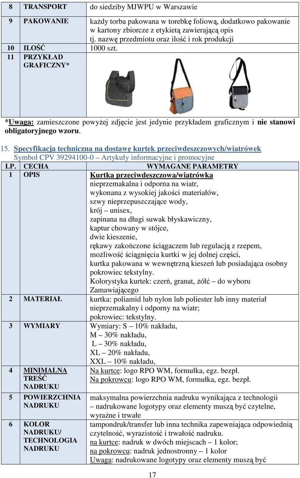 CECHA WYMAGANE PARAMETRY 1 OPIS Kurtka przeciwdeszczowa/wiatrówka nieprzemakalna i odporna na wiatr, wykonana z wysokiej jakości materiałów, szwy nieprzepuszczające wody, krój unisex, zapinana na