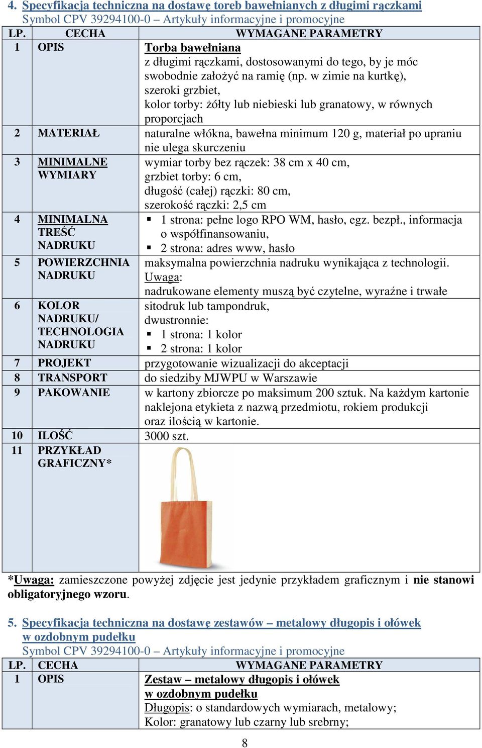 w zimie na kurtkę), szeroki grzbiet, kolor torby: Ŝółty lub niebieski lub granatowy, w równych proporcjach 2 MATERIAŁ naturalne włókna, bawełna minimum 120 g, materiał po upraniu nie ulega skurczeniu