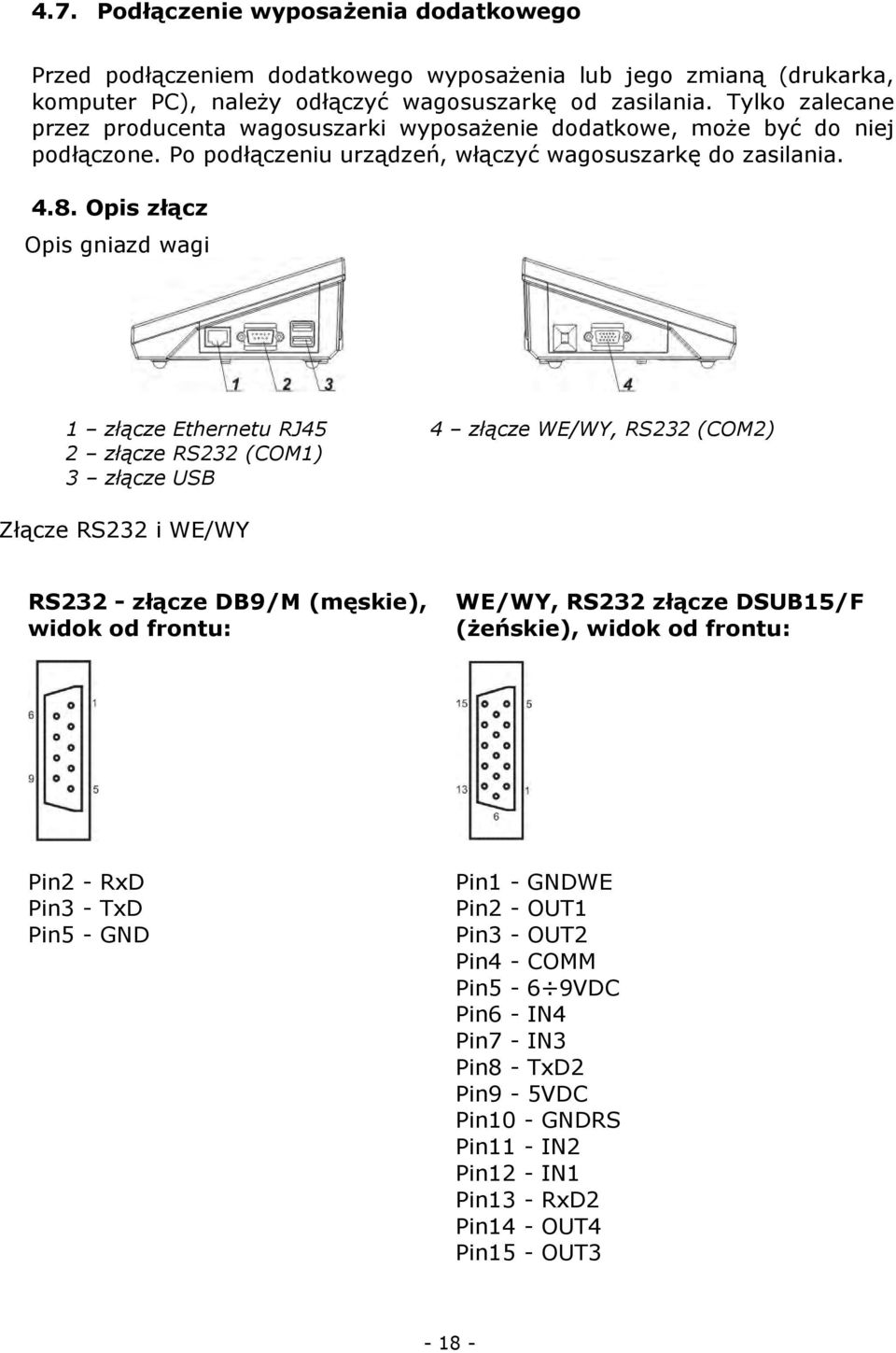 Opis złącz Opis gniazd wagi 1 złącze Ethernetu RJ45 2 złącze RS232 (COM1) 3 złącze USB 4 złącze WE/WY, RS232 (COM2) Złącze RS232 i WE/WY RS232 - złącze DB9/M (męskie), widok od frontu: WE/WY, RS232
