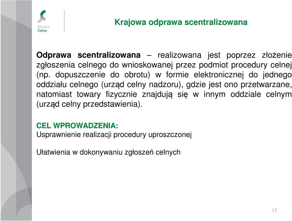 dopuszczenie do obrotu) w formie elektronicznej do jednego oddziału celnego (urząd celny nadzoru), gdzie jest ono