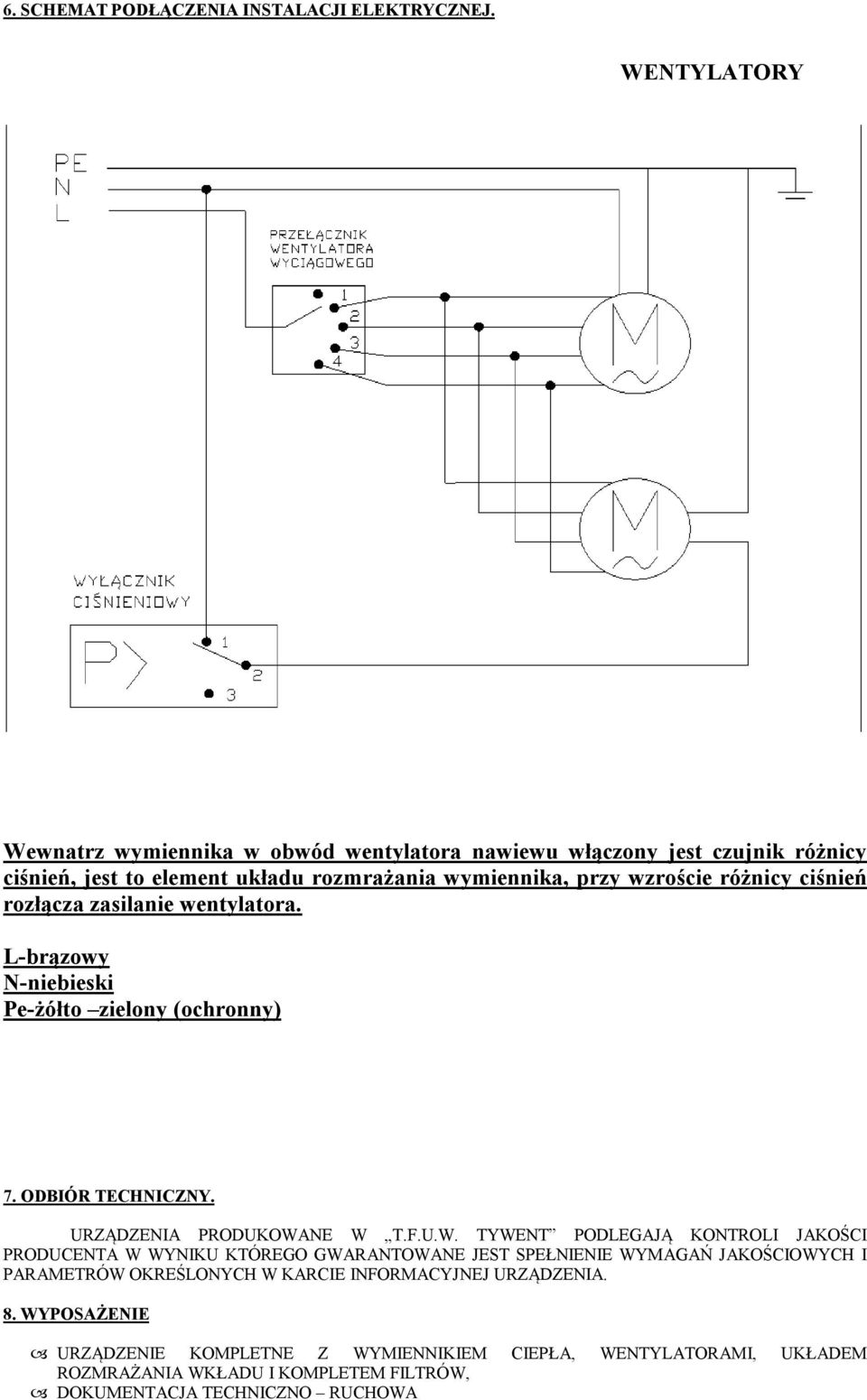 ciśnień rozłącza zasilanie wentylatora. L-brązowy N-niebieski Pe-żółto zielony (ochronny) 7. ODBIÓR TECHNICZNY. URZĄDZENIA PRODUKOWA