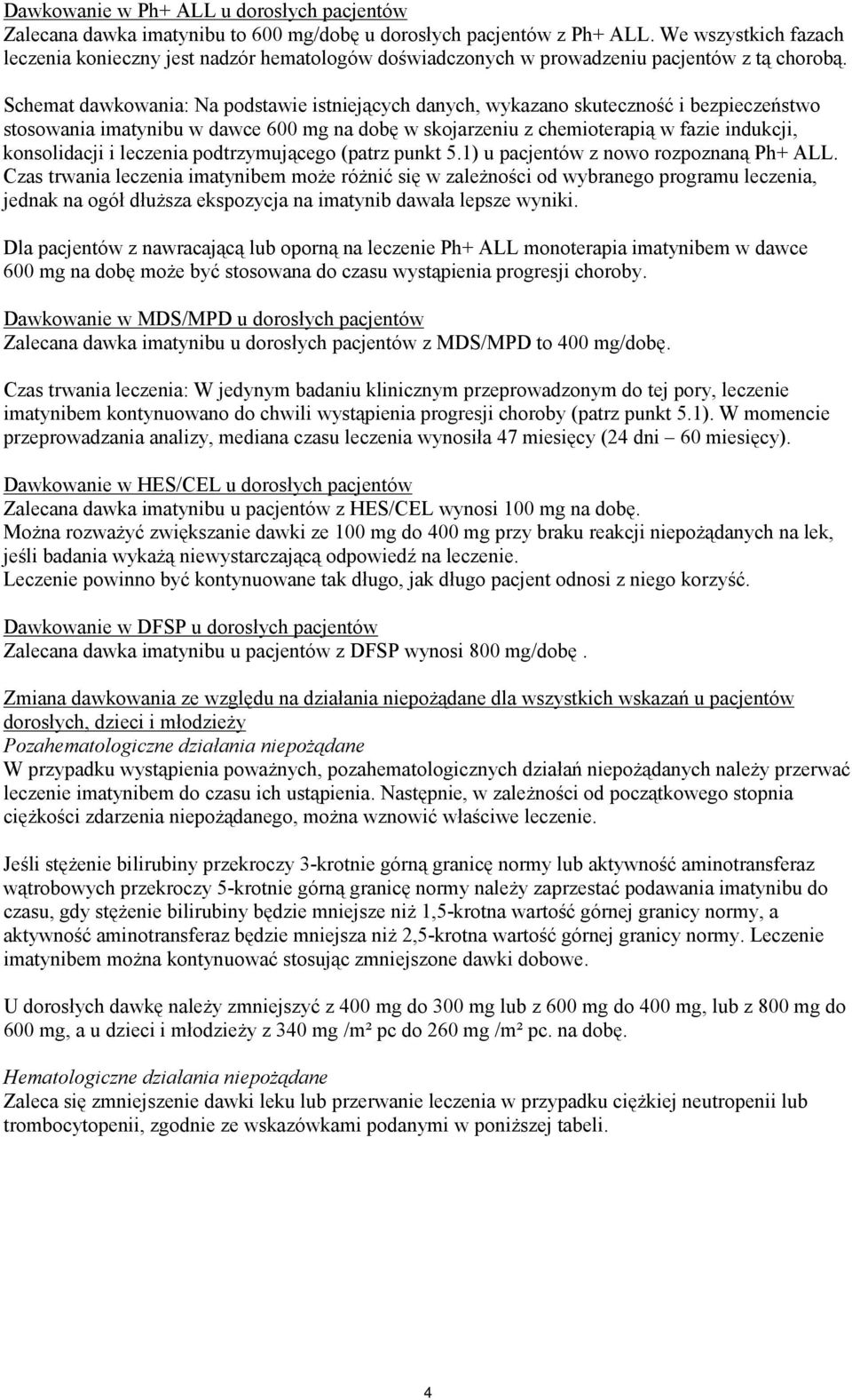 Schemat dawkowania: Na podstawie istniejących danych, wykazano skuteczność i bezpieczeństwo stosowania imatynibu w dawce 600 mg na dobę w skojarzeniu z chemioterapią w fazie indukcji, konsolidacji i