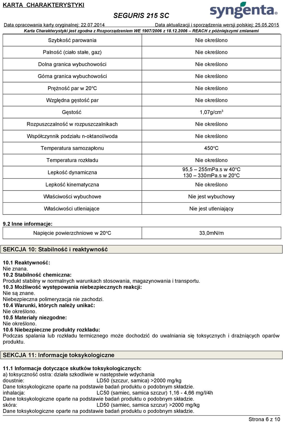 s w 40 o C 130 330mPa.s w 20 o C Nie jest wybuchowy Nie jest utleniający 9.2 Inne informacje: Napięcie powierzchniowe w 20 o C 33,0mN/m SEKCJA 10: Stabilność i reaktywność 10.1 Reaktywność: Nie znana.