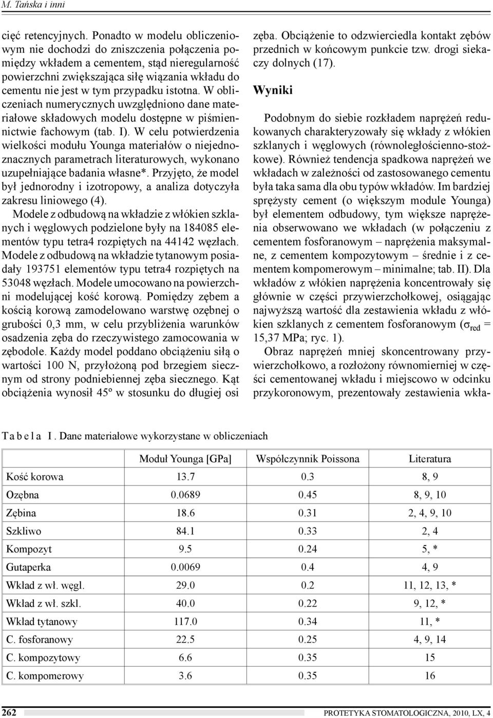 przypadku istotna. W obliczeniach numerycznych uwzględniono dane materiałowe składowych modelu dostępne w piśmiennictwie fachowym (tab. I).