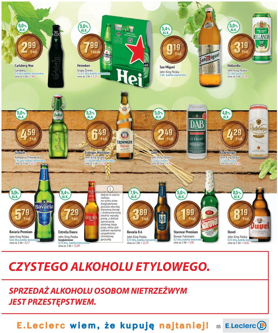 cena za 1 ltr = 7,48 799 5,4 % 249 429 Grolsch Erdnger Wessber DAB Radeberger Kompana Pwowarska 0,45 ltra, butelka bezzwrotna cena za 1 ltr = 10,20 5,0% cena za 1 ltr = 12,98 5,4 % 579 729 Bavara