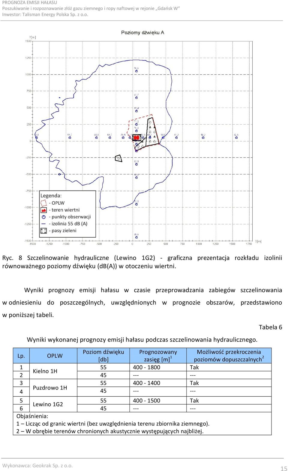 Wyniki prognozy emisji hałasu w czasie przeprowadzania zabiegów szczelinowania w odniesieniu do poszczególnych, uwzględnionych w prognozie obszarów, przedstawiono w poniższej tabeli.