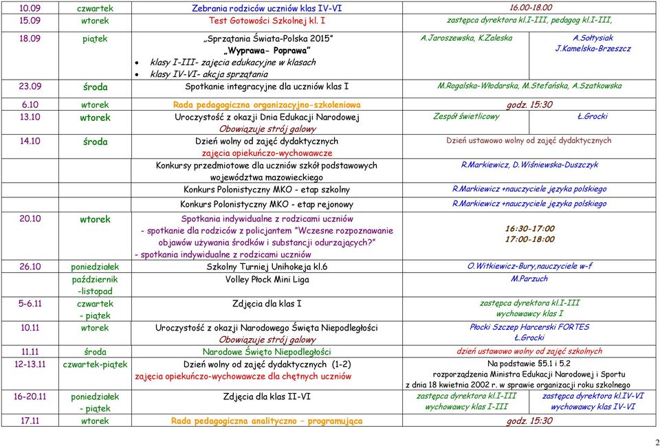 09 środa Spotkanie integracyjne dla uczniów klas I M.Rogalska-Włodarska, M.Stefańska, A.Szatkowska 6.10 wtorek Rada pedagogiczna organizacyjno-szkoleniowa godz. 15:30 13.