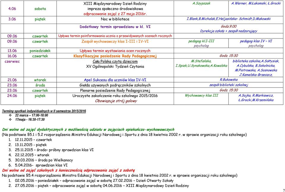 06 czwartek Zespół wychowawczy klas I-III i IV-VI pedagog kl.i-iii psycholog Godz.9.00 Dyrekcja szkoły + zespół nadzorujący 13.06 poniedziałek Upływa termin wystawiania ocen rocznych 16.