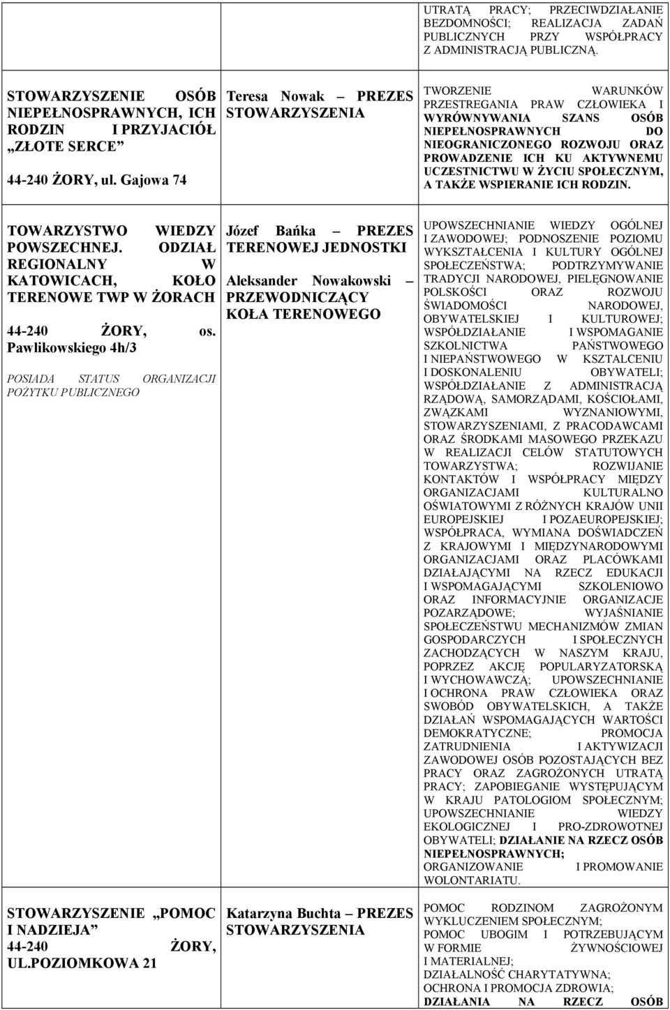 UCZESTNICTWU W ŻYCIU SPOŁECZNYM, A TAKŻE WSPIERANIE ICH RODZIN. TOWARZYSTWO WIEDZY POWSZECHNEJ. ODZIAŁ REGIONALNY W KATOWICACH, KOŁO TERENOWE TWP W ŻORACH 44-240 ŻORY, os.