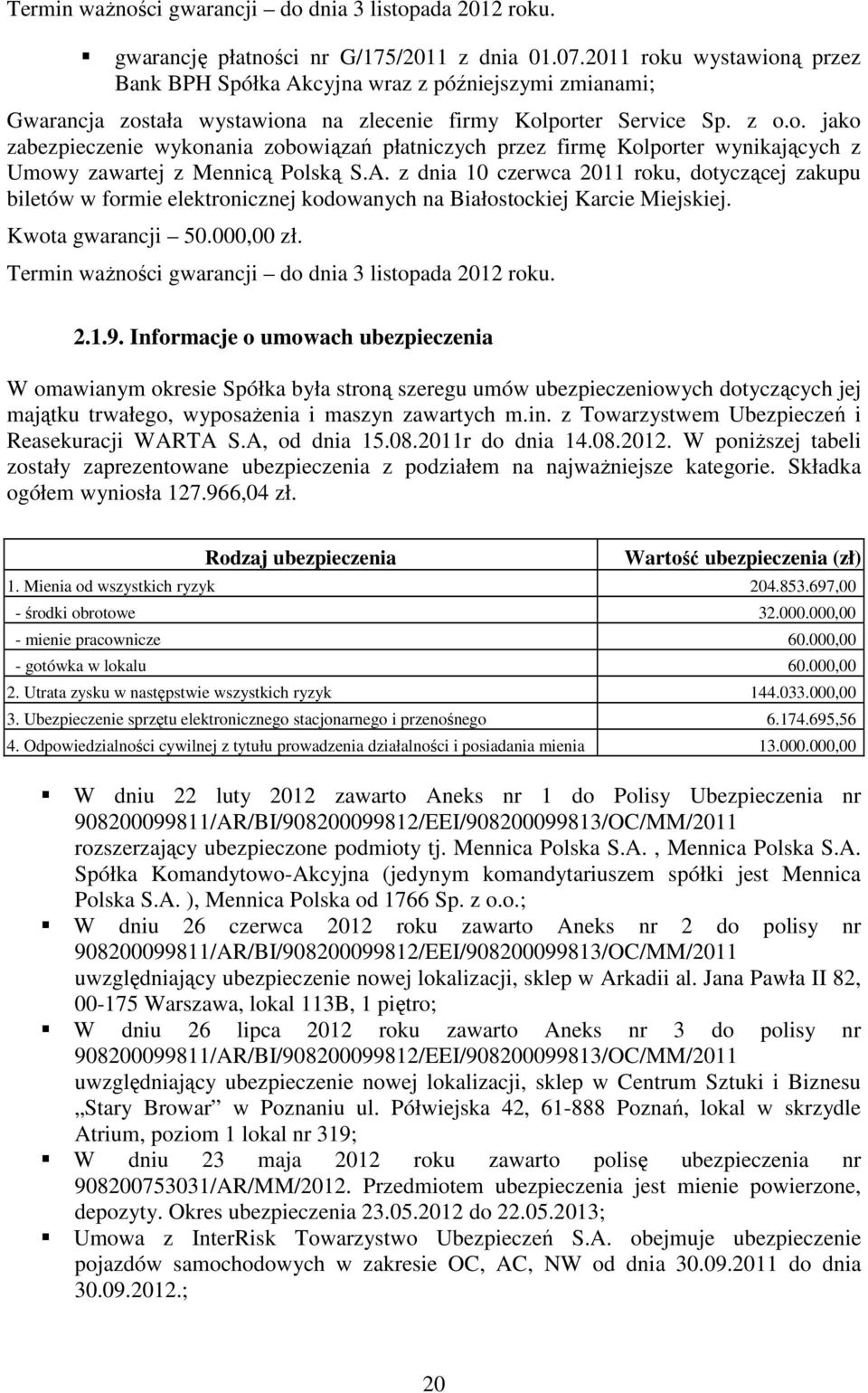 A. z dnia 10 czerwca 2011 roku, dotyczącej zakupu biletów w formie elektronicznej kodowanych na Białostockiej Karcie Miejskiej. Kwota gwarancji 50.000,00 zł.