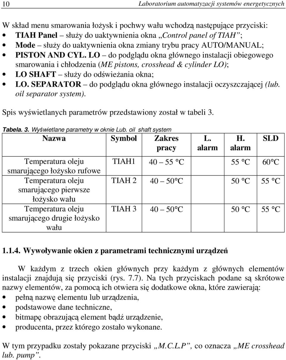 LO do podglądu okna głównego instalacji obiegowego smarowania i chłodzenia (ME pistons, crosshead & cylinder LO); LO SHAFT służy do odświeżania okna; LO.