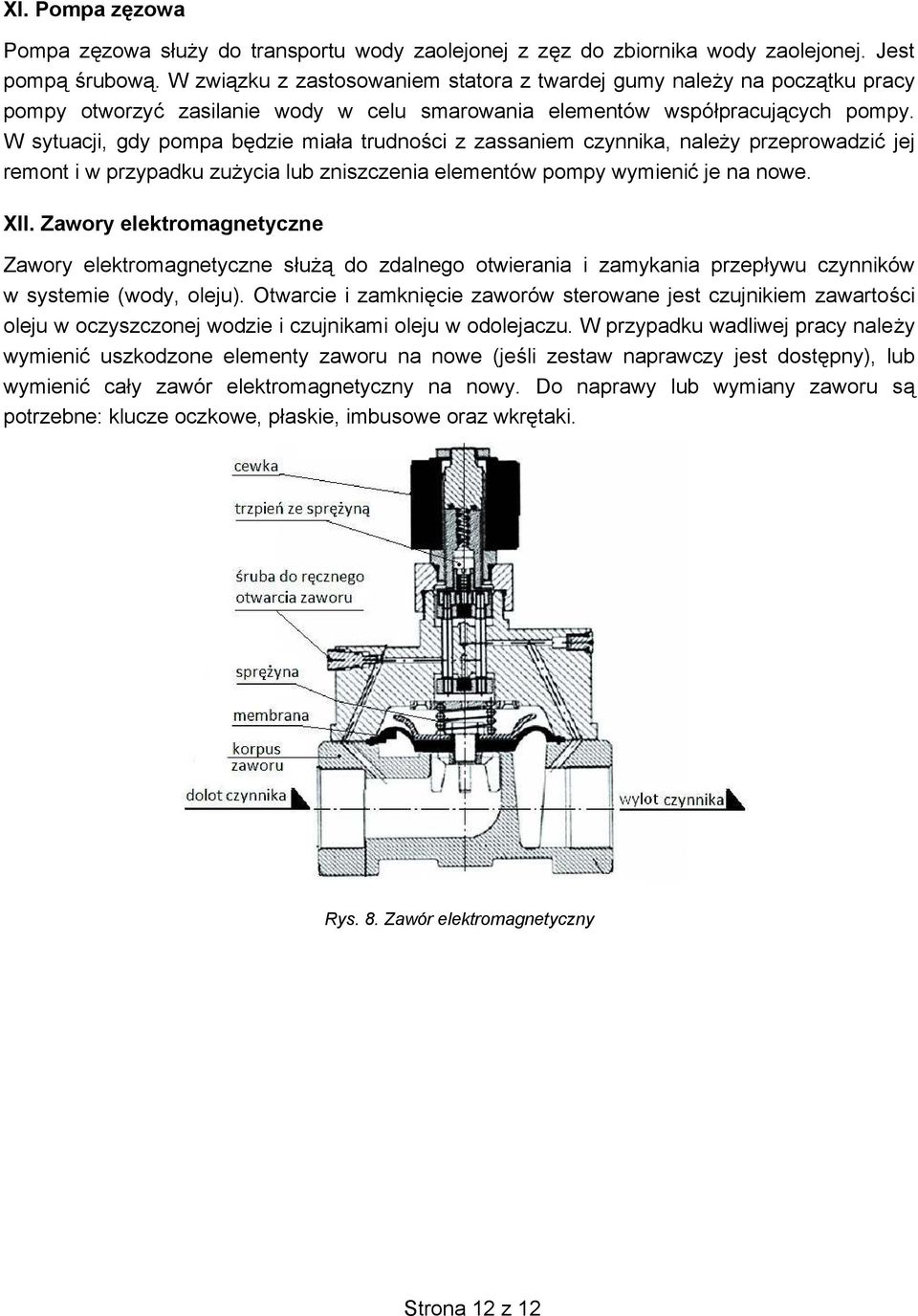 W sytuacji, gdy pompa b dzie mia a trudno ci z zassaniem czynnika, nale y przeprowadzi jej remont i w przypadku zu ycia lub zniszczenia elementów pompy wymieni je na nowe. XII.