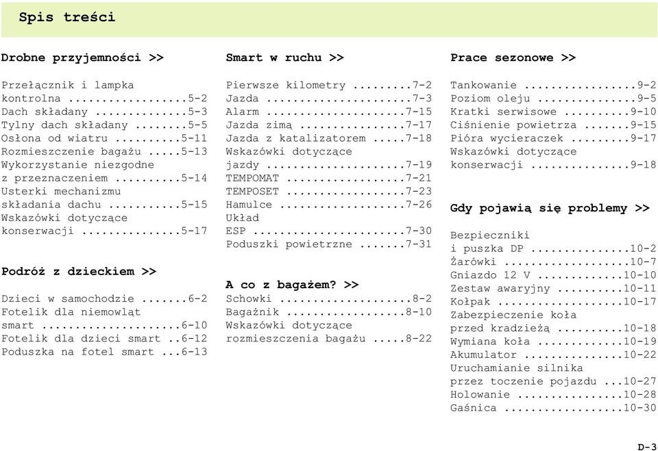 ..6-2 Fotelik dla niemowl¹t smart...6-10 Fotelik dla dzieci smart..6-12 Poduszka na fotel smart...6-13 Smart w ruchu >> Pierwsze kilometry...7-2 Jazda...7-3 Alarm...7-15 Jazda zim¹.