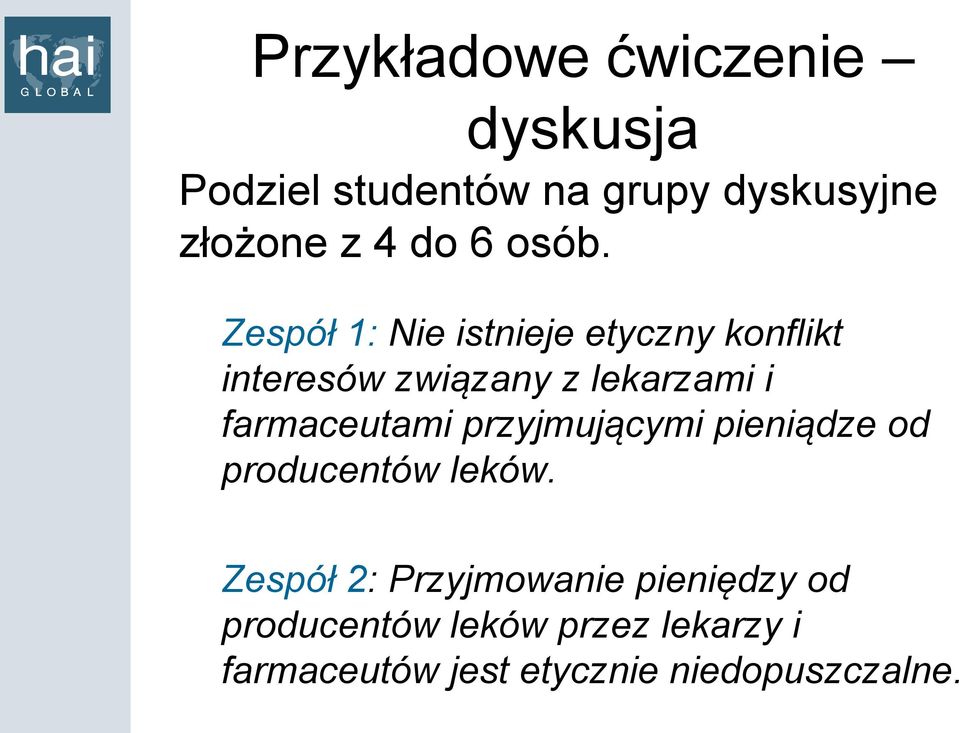 Zespół 1: Nie istnieje etyczny konflikt interesów związany z lekarzami i