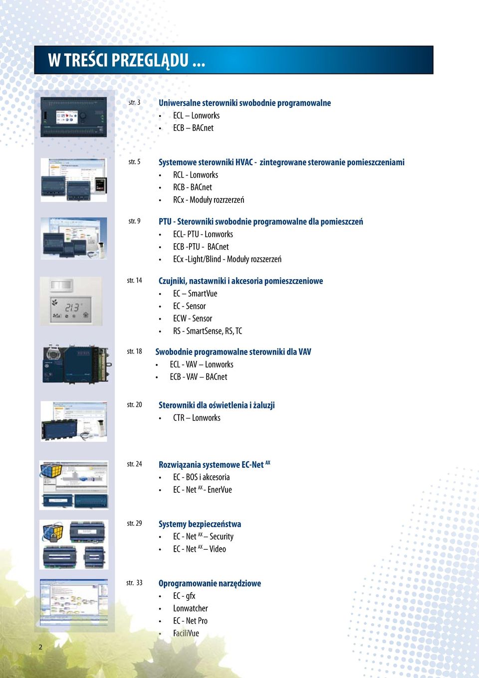 ECB -PTU - BACnet ECx -Light/Blind - Moduły rozszerzeń Czujniki, nastawniki i akcesoria pomieszczeniowe EC SmartVue EC - Sensor ECW - Sensor RS - SmartSense, RS, TC Swobodnie programowalne sterowniki