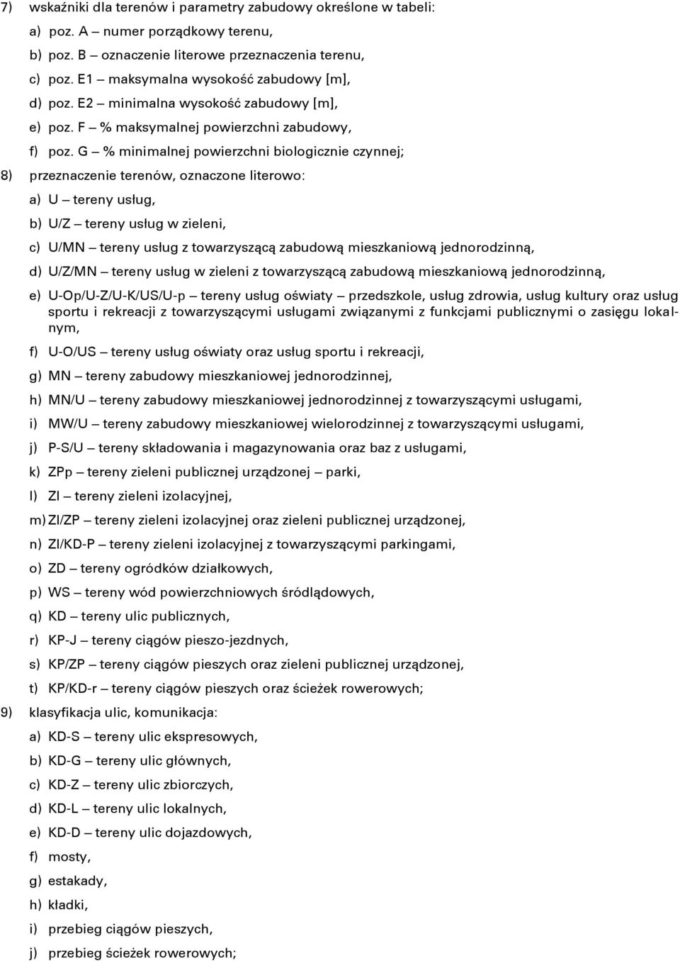 G % minimalnej powierzchni biologicznie czynnej; 8) przeznaczenie terenów, oznaczone literowo: a) U tereny usług, b) U/Z tereny usług w zieleni, c) U/MN tereny usług z towarzyszącą zabudową