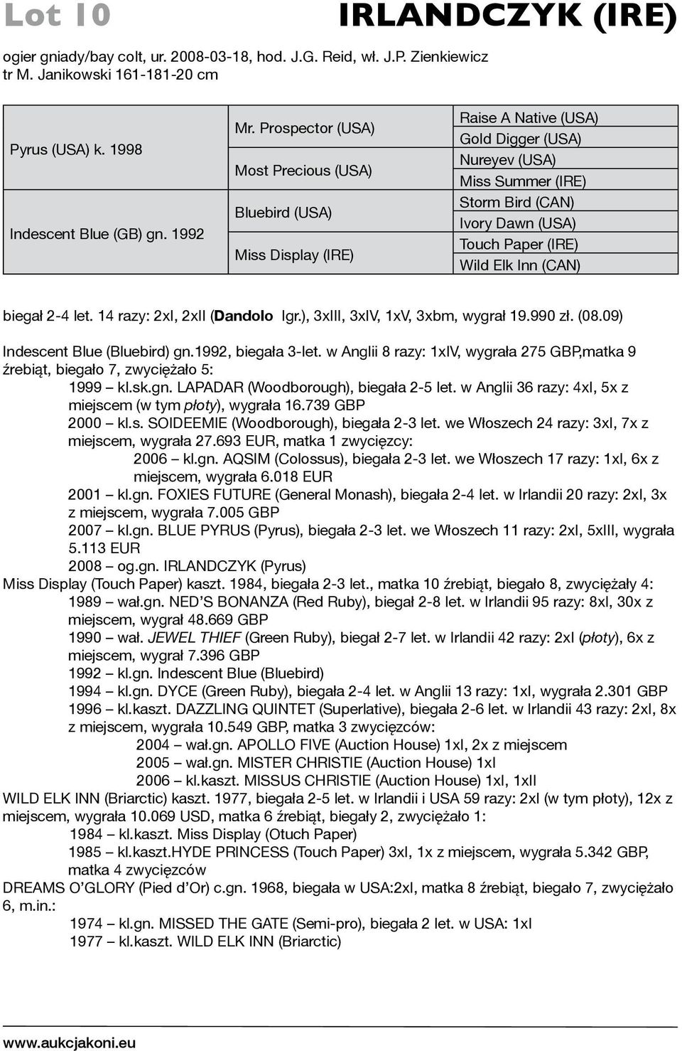 Elk Inn (CAN) biegał 2-4 let. 14 razy: 2xI, 2xII (Dandolo Igr.), 3xIII, 3xIV, 1xV, 3xbm, wygrał 19.990 zł. (08.09) Indescent Blue (Bluebird) gn.1992, biegała 3-let.