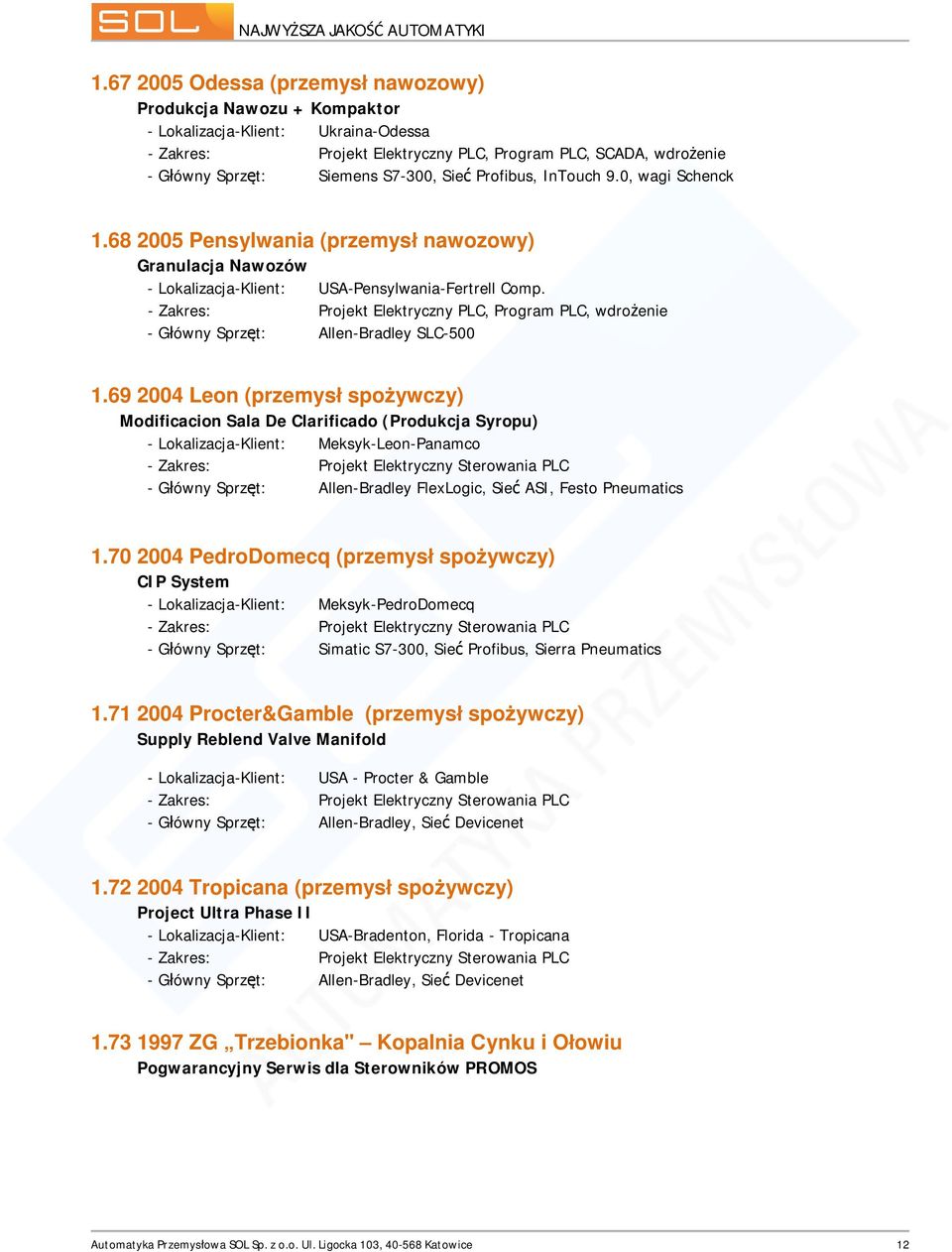 - Zakres: Projekt Elektryczny PLC, Program PLC, wdro enie - G ówny Sprz t: Allen-Bradley SLC-500 1.