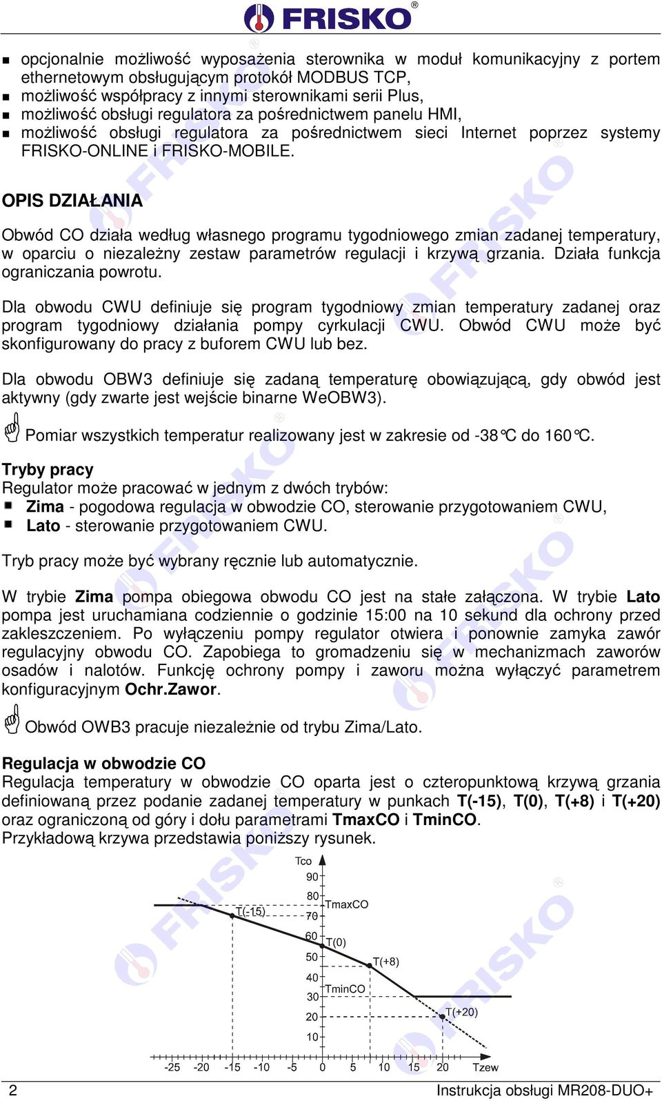 OPIS DZIAŁANIA Obwód CO działa według własnego programu tygodniowego zmian zadanej temperatury, w oparciu o niezależny zestaw parametrów regulacji i krzywą grzania.