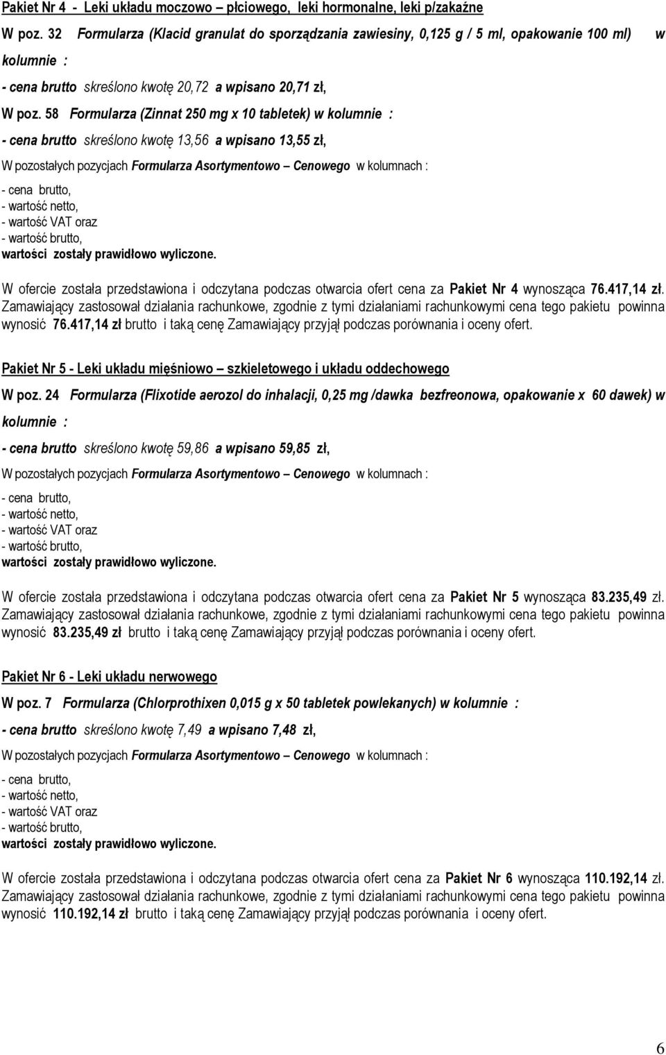 58 Formularza (Zinnat 250 mg x 10 tabletek) w kolumnie : - cena brutto skreślono kwotę 13,56 a wpisano 13,55 zł, W ofercie została przedstawiona i odczytana podczas otwarcia ofert cena za Pakiet Nr 4