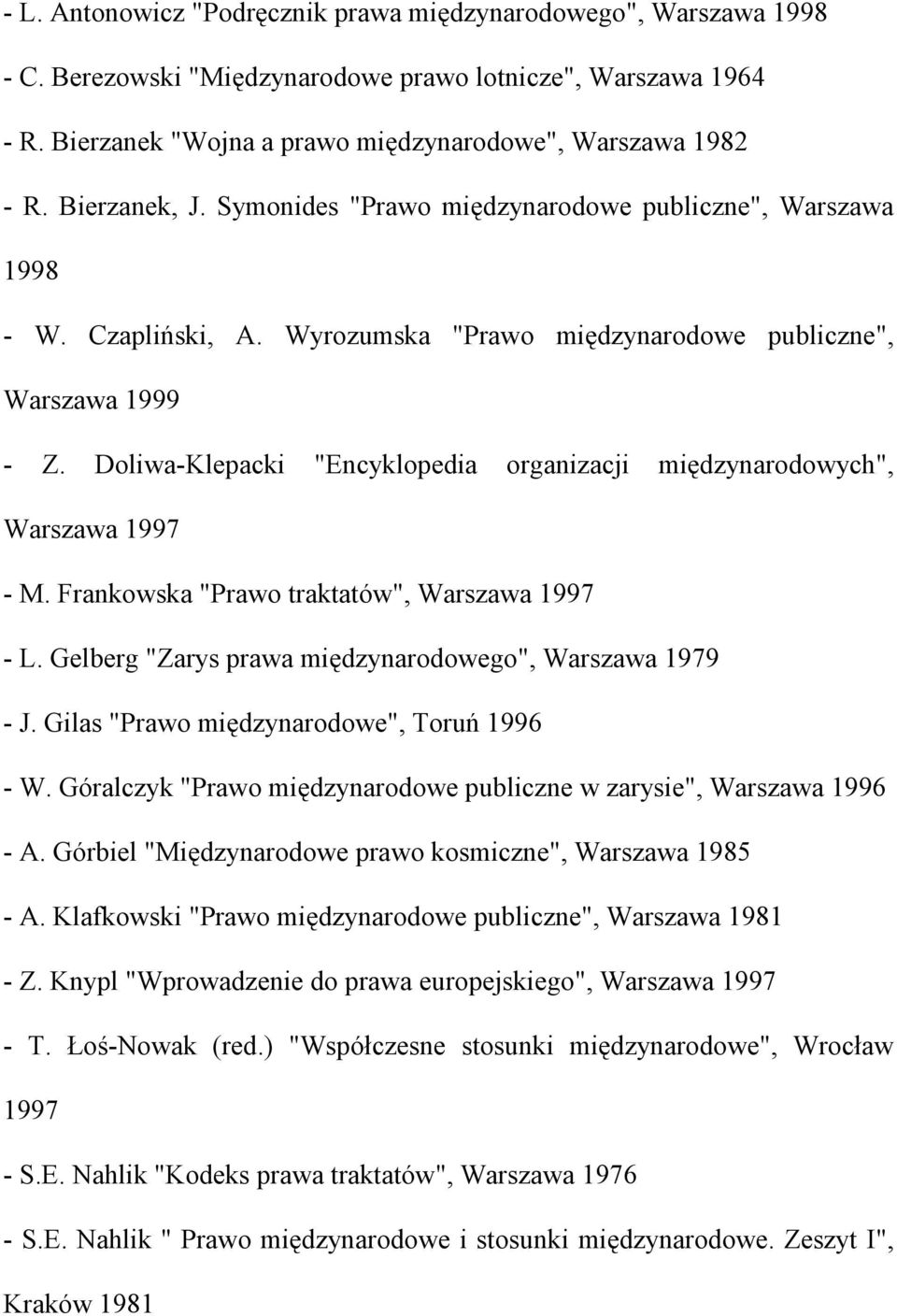 Doliwa-Klepacki "Encyklopedia organizacji międzynarodowych", Warszawa 1997 - M. Frankowska "Prawo traktatów", Warszawa 1997 - L. Gelberg "Zarys prawa międzynarodowego", Warszawa 1979 - J.