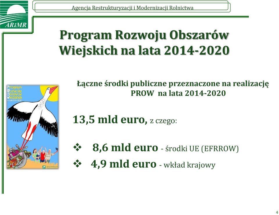 PROW na lata 2014-2020 13,5 mld euro, z czego: 8,6