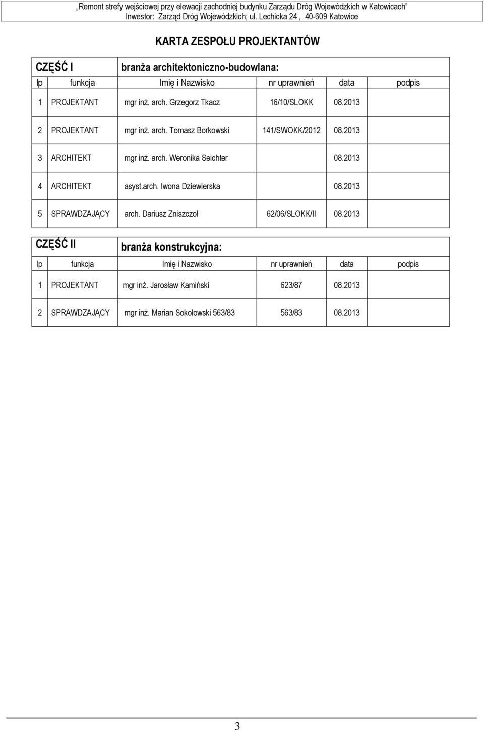 2013 3 ARCHITEKT mgr inż. arch. Weronika Seichter 08.2013 4 ARCHITEKT asyst.arch. Iwona Dziewierska 08.2013 5 SPRAWDZAJĄCY arch. Dariusz Zniszczoł 62/06/SLOKK/II 08.