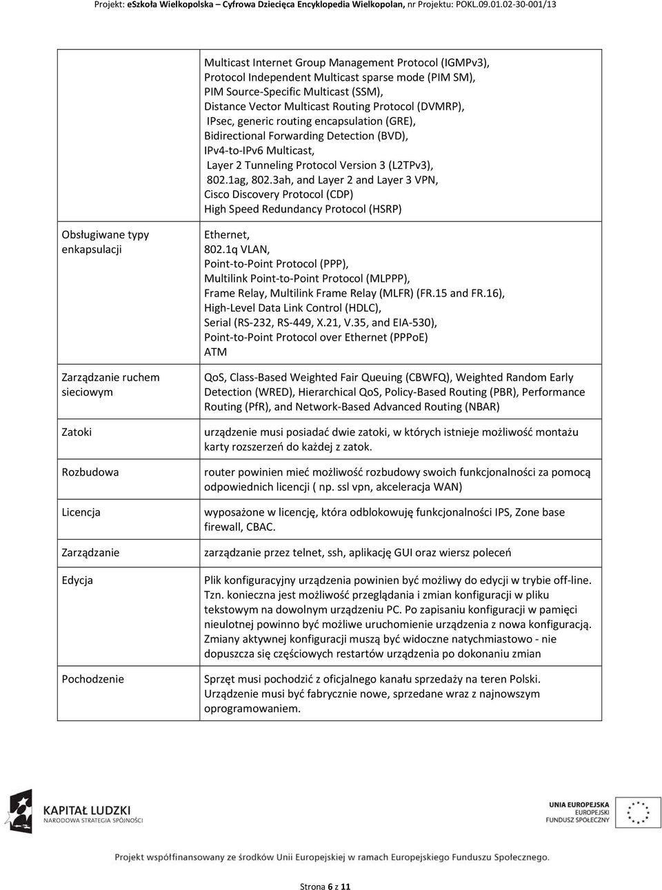 3ah, and Layer 2 and Layer 3 VPN, Cisco Discovery Protocol (CDP) High Speed Redundancy Protocol (HSRP) Obsługiwane typy enkapsulacji Zarządzanie ruchem sieciowym Zatoki Rozbudowa Licencja Zarządzanie